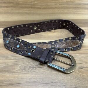 LEATHEROCK Womens Belt Size 30 XS S Brown Leather Rhinestone USA Made